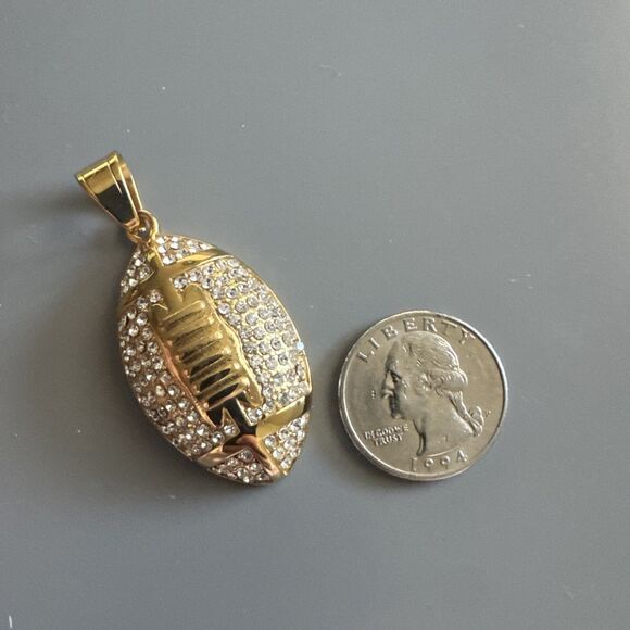 Football Pendant Chain Stainless Steel Super Bowl Gift Men’s Cubic Zirconia Gold - Picture 3 of 6